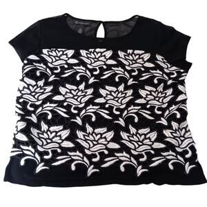 INC Blouse Top Romantic Artsy Floral Applique Feminine Cap Sleeves M Black White